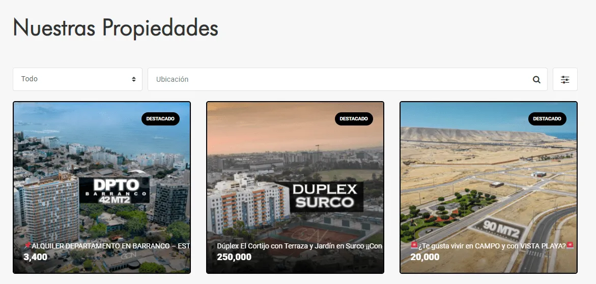 Propiedades de un sitio web inmobiliario