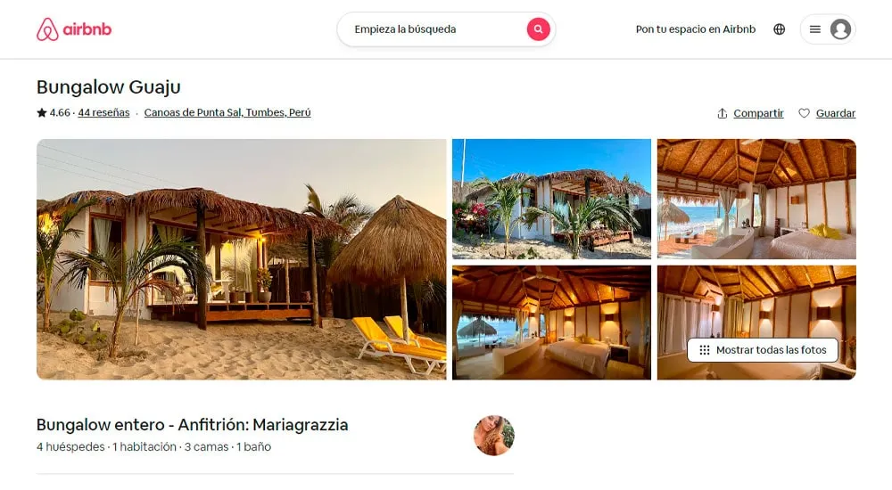 Página de Airbnb con galería que muestra bungalows Airbnb website